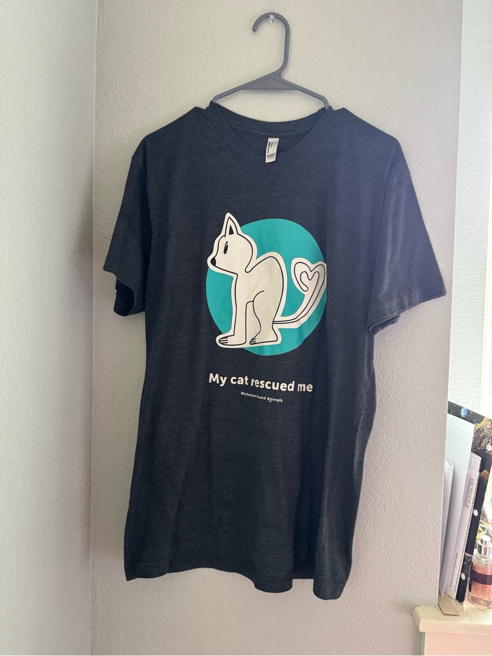 American Apparel Charcoal Tee with Teal Circle & White Cat Graphic